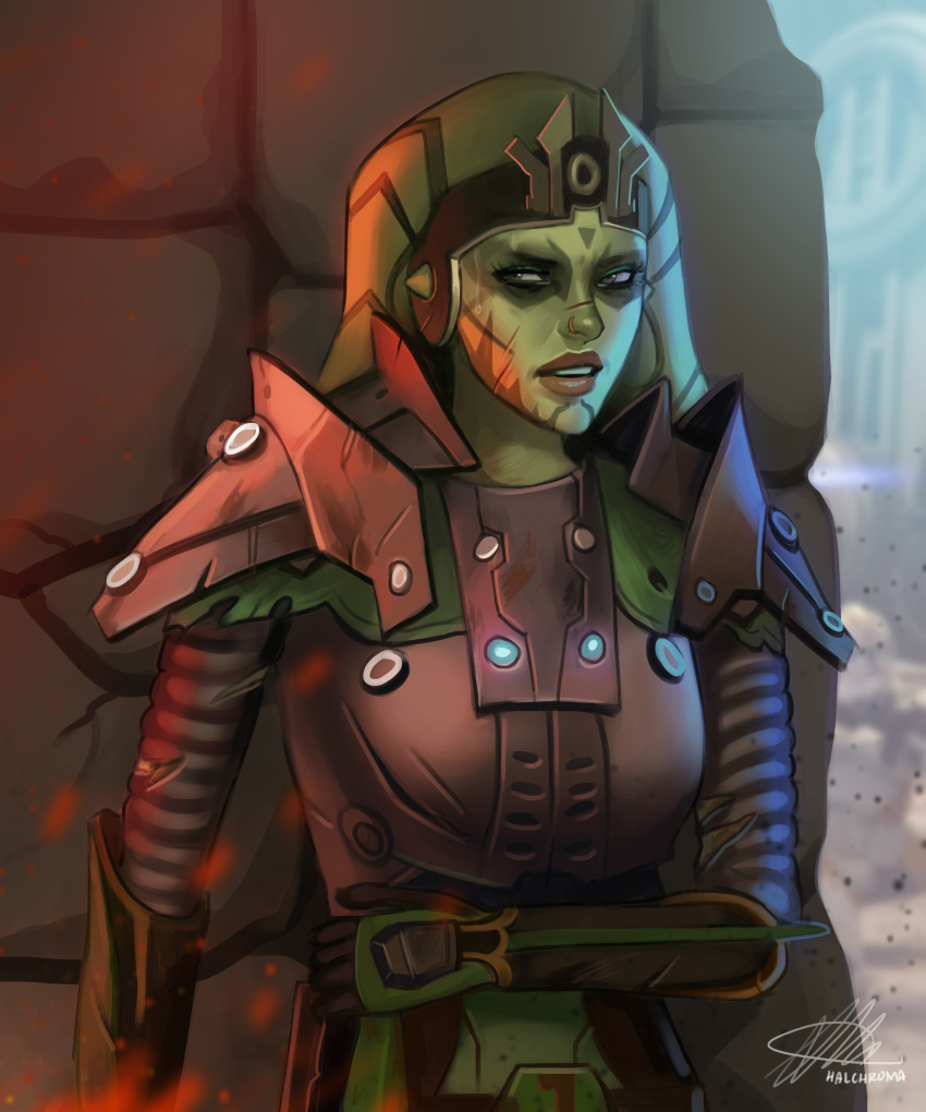 1girl absurdres alien armor artist_name colored_skin green_skin halchroma highres looking_to_the_side nose_piercing pauldrons piercing shoulder_armor signature solo star_wars stone_wall twi'lek upper_body wall