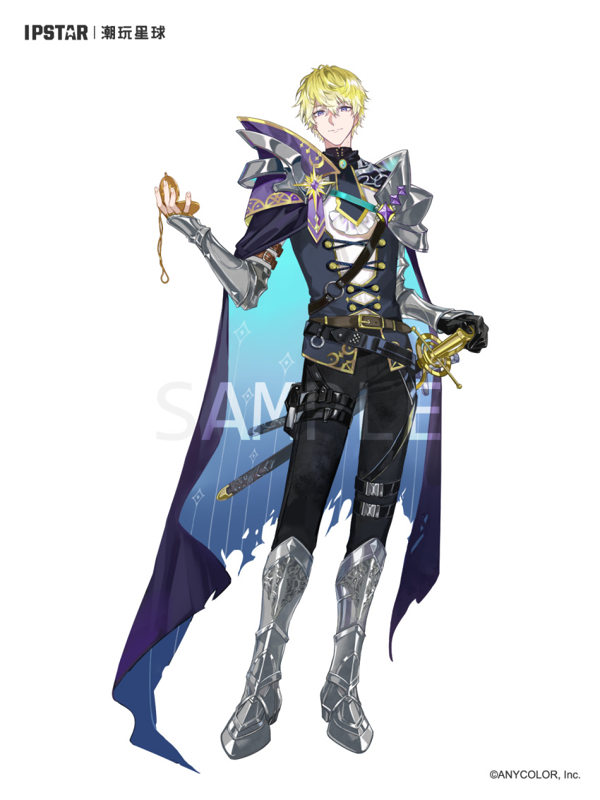 1boy alternate_costume armor armored_boots belt black_belt black_gloves black_pants blonde_hair blue_cape blue_necktie blue_vest boots brooch buttons cape copyright english_commentary full_body gem gloves hair_between_eyes hand_on_hilt highres hitokoto holding holding_pocket_watch jewelry long_sleeves looking_at_viewer male_focus mixed-language_commentary multiple_swords necktie nijisanji nijisanji_en official_art pants pocket_watch purple_cape purple_gemstone sample_watermark sheath sheathed shirt short_hair shoulder_armor simple_background single_glove sleeve_garter smile solo sonny_brisko standing thigh_pouch thigh_strap two-sided_cape two-sided_fabric vambraces vest violet_eyes virtual_youtuber watch white_background white_shirt