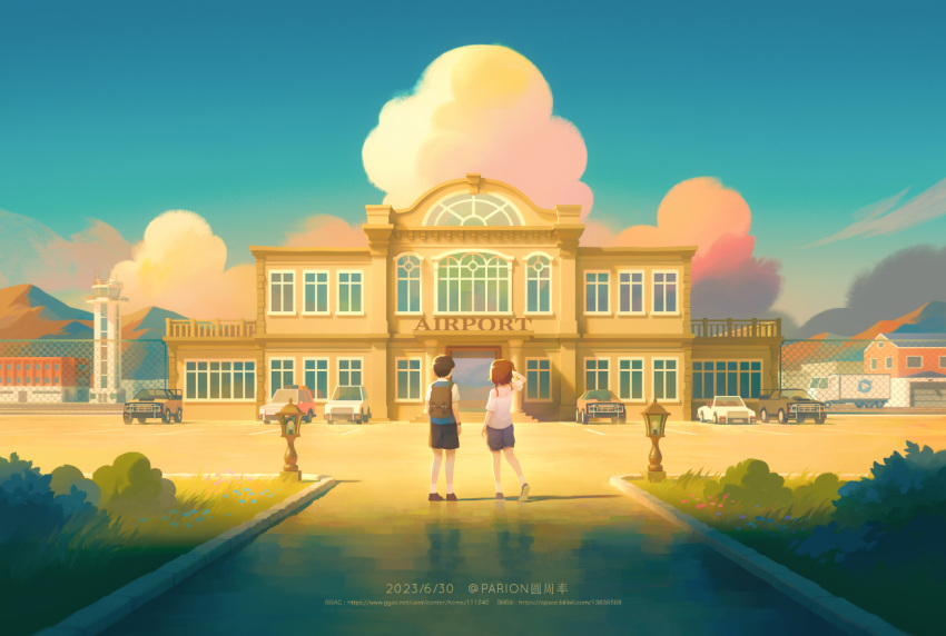 1boy 1girl airport artist_name backpack bag blue_sky brown_hair building bush car child clouds colin_reeds dated day faye_(finding_paradise) fence finding_paradise grass medium_hair motor_vehicle outdoors parion short_hair shorts sky socks standing web_address