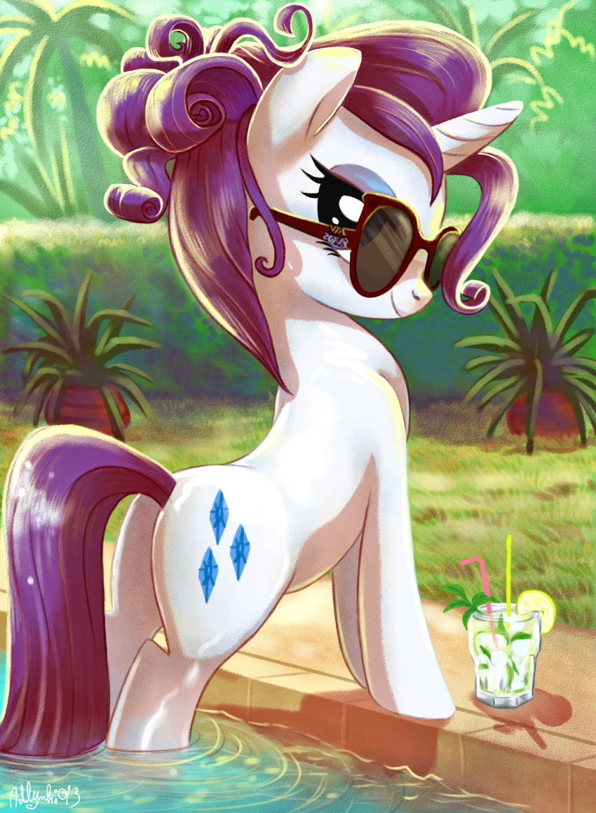 1girl drink facing_away grass hedge highres horns looking_at_viewer my_little_pony my_little_pony:_friendship_is_magic outdoors partially_submerged plant poolside potted_plant purple_hair rarity single_horn solo sunglasses unicorn water white_fur yulyeen