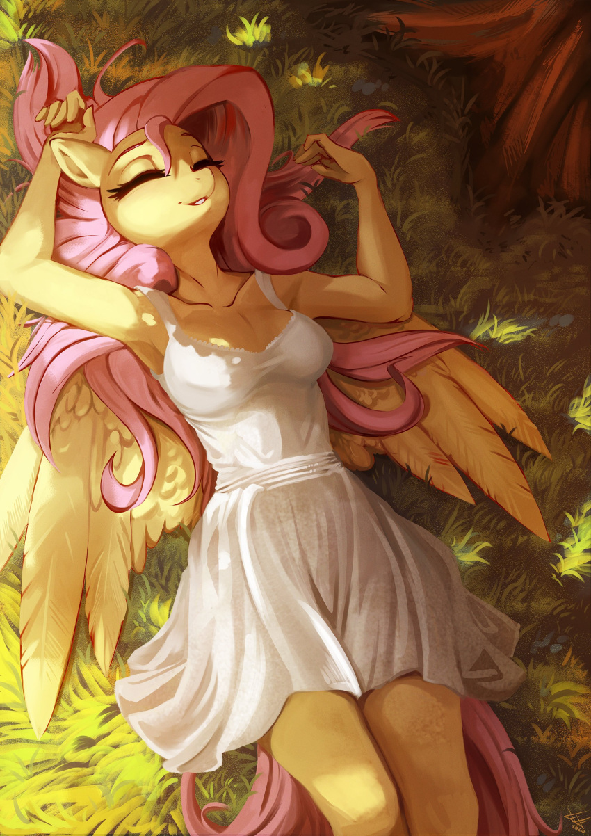 1girl absurdres closed_eyes dress fidzfox fluttershy highres long_hair my_little_pony my_little_pony:_friendship_is_magic on_grass outdoors personification pink_hair solo white_dress yellow_fur