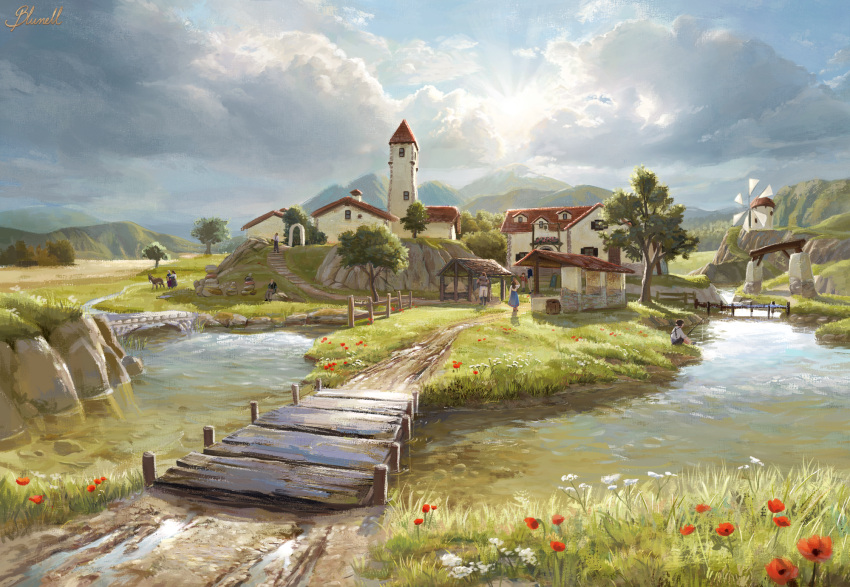artist_name blunell_(artist) bridge building clouds commentary english_commentary european_architecture flower grass highres landscape nature original outdoors path red_flower river signature sky tree village water watermark white_flower windmill