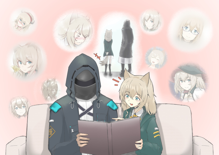 1boy 1girl absurdres animal_ears arknights arms_behind_back boots brown_hair coat couch doctor_(arknights) fox_ears fox_girl fox_tail green_eyes hands_in_pockets highres hood jacket kuruzusu laughing long_hair open_mouth podenco_(arknights) scrapbook sitting smile standing tail