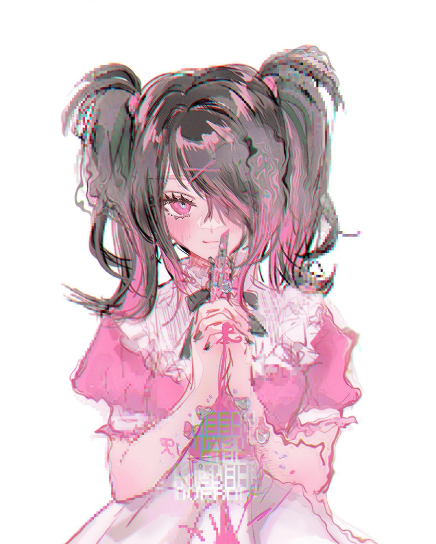 1girl ame-chan_(needy_girl_overdose) black_bow black_bowtie black_hair black_nails blush bow bowtie distortion dress glitch hair_ornament hair_over_one_eye hair_tie highres holding_boxcutter looking_at_viewer medium_hair multicolored_hair needy_girl_overdose own_hands_together pink_dress pink_eyes pink_hair pixelated puffy_short_sleeves puffy_sleeves short_sleeves simple_background sketch skye_(naye1ne) smile solo twintails two-tone_hair upper_body white_background x_hair_ornament