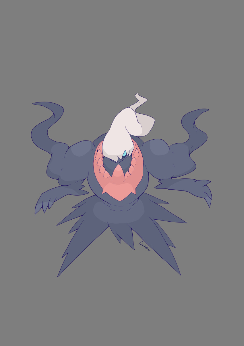 absurdres blue_eyes blue_sclera bottomless claws collar colored_sclera darkrai floating highres long_hair non-web_source pokemon pokemon_(creature) signature simple_background skirt slit_pupils smoking spiked_collar spikes tendril white_hair