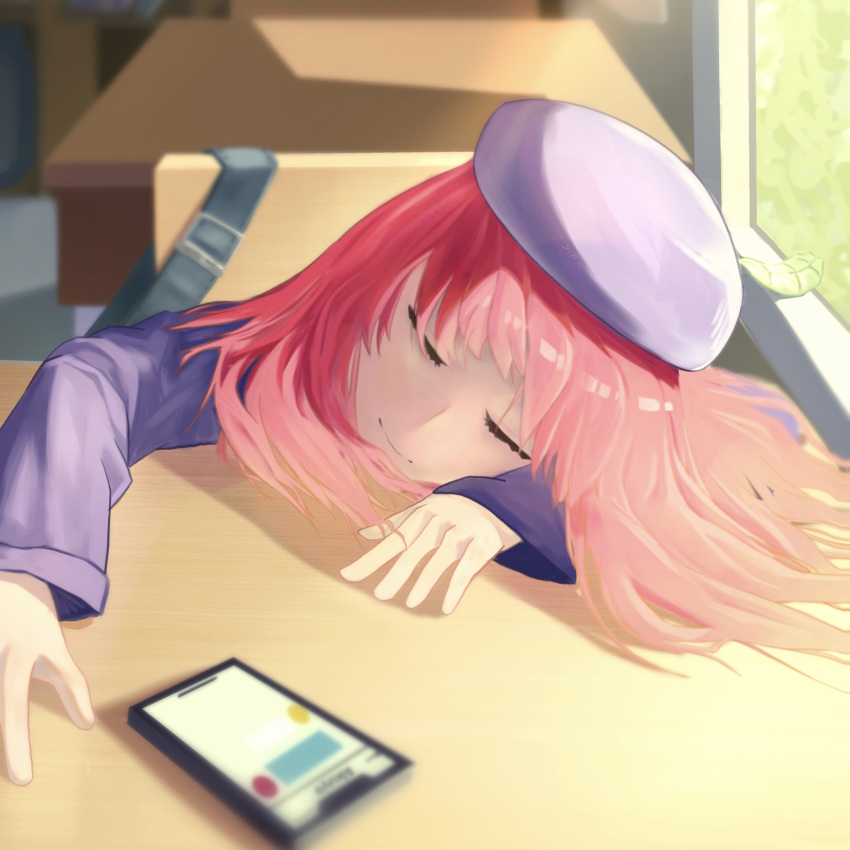 1girl absurdres arima_kana beret blue_headwear blurry blurry_background cellphone chair classroom closed_eyes closed_mouth commentary depth_of_field desk hat highres leaf long_sleeves medium_hair oshi_no_ko phone redhead school_chair school_desk school_uniform shade sleeping sleeping_on_desk smartphone solo sun_x sunlight symbol-only_commentary window youtou_high_school_uniform
