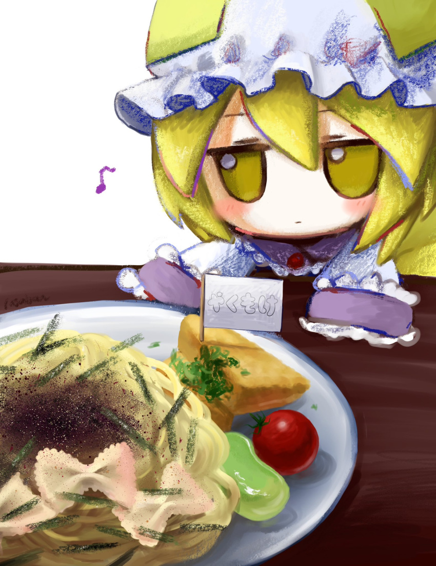 1girl blonde_hair blush chibi closed_mouth commentary_request dress farfalle_(pasta) food fumo_(doll) hair_between_eyes hat highres jitome long_sleeves making-of_available medium_hair mob_cap musical_note pasta plate simple_background sleeves_past_fingers sleeves_past_wrists solo spaghetti table tofu tomato touhou white_background white_dress white_headwear yakumo_ran yakumora_n yellow_eyes