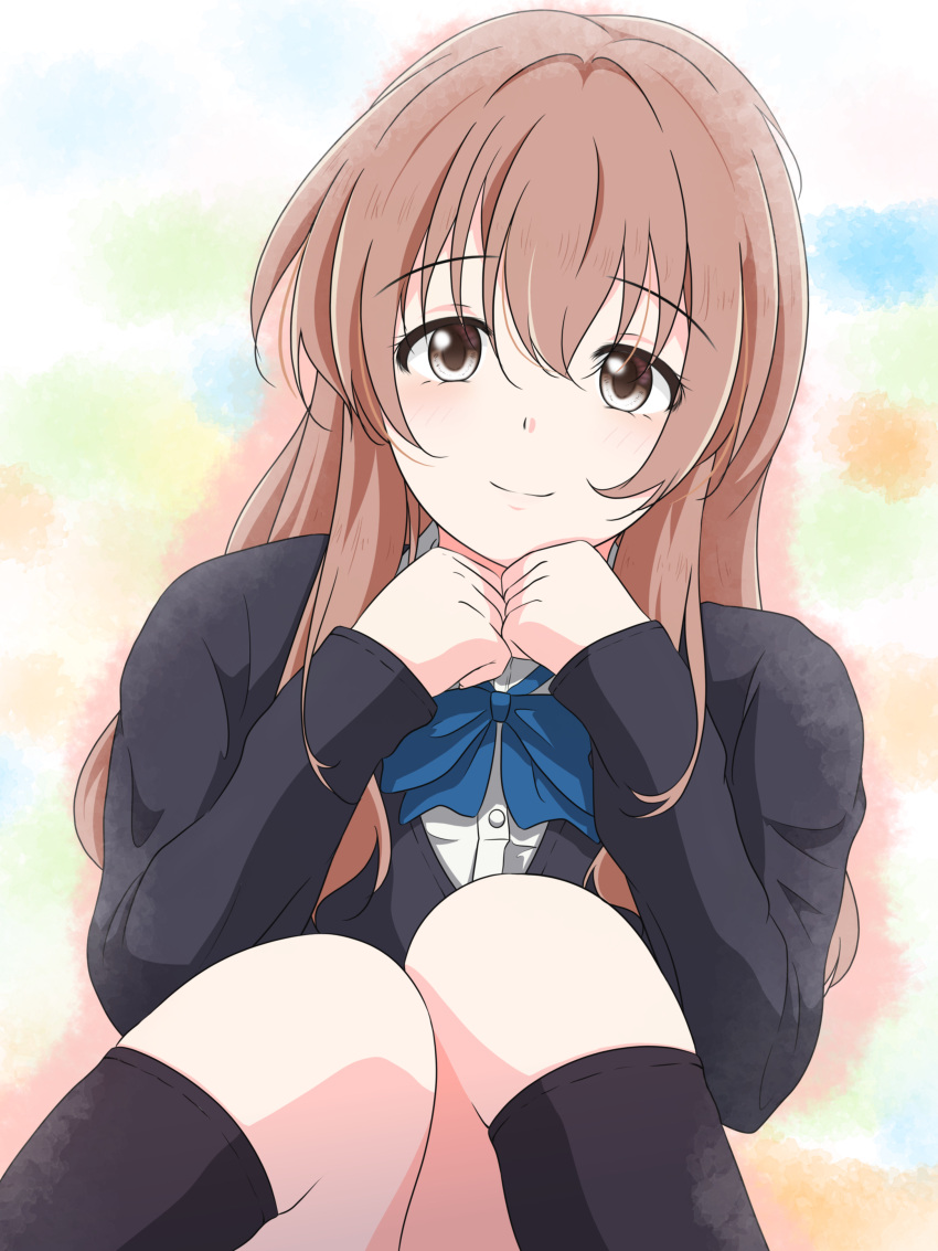 1girl absurdres black_socks black_sweater blue_bow blush bow brown_eyes brown_hair closed_mouth collared_shirt commentary_request dress_shirt hair_between_eyes hands_up highres kai07 kneehighs knees_up koe_no_katachi long_hair long_sleeves looking_at_viewer nishimiya_shouko school_uniform shirt sleeves_past_wrists smile socks solo sweater white_shirt