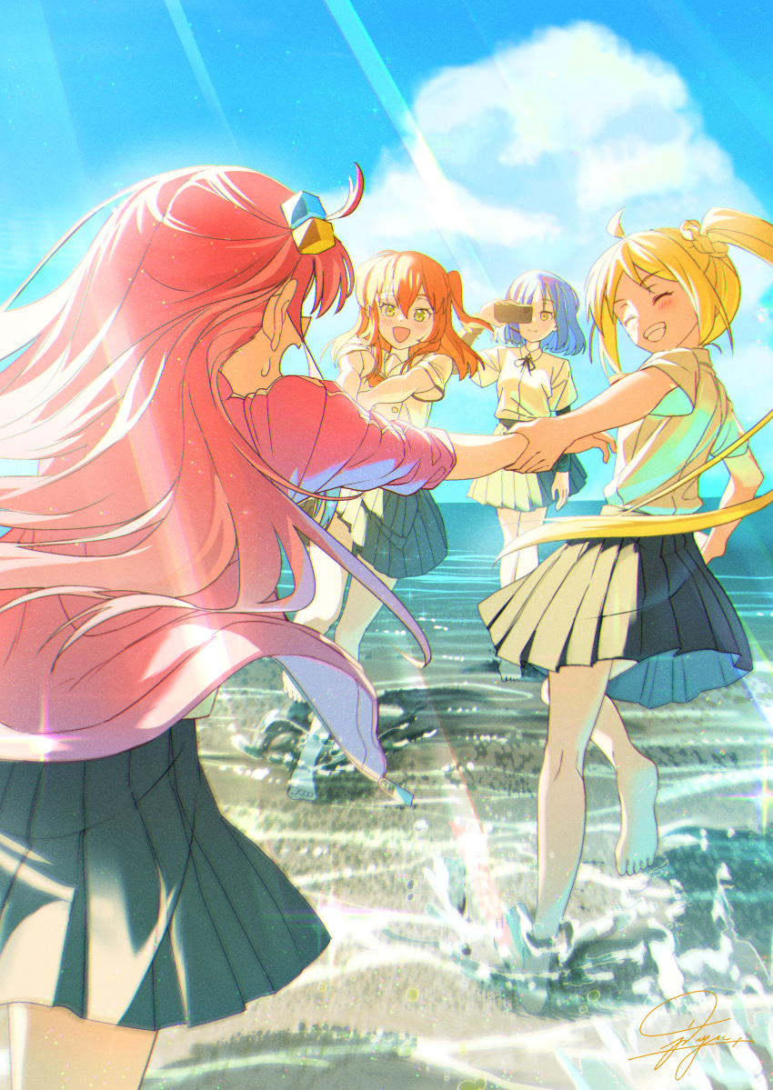 4girls :d ^_^ absurdres ahoge barefoot blonde_hair blue_hair blue_sky bocchi_the_rock! camcorder closed_eyes clouds commentary cube_hair_ornament day english_commentary gotou_hitori green_eyes grin hair_ornament highres holding_another's_wrist ijichi_nijika jacket jdge kita_ikuyo light_rays long_hair multiple_girls one_side_up open_clothes open_jacket open_mouth orange_hair outdoors pink_hair pink_jacket pleated_skirt short_hair side_ponytail signature skirt sky smile sunbeam sunlight video_camera wading water yamada_ryou yellow_eyes