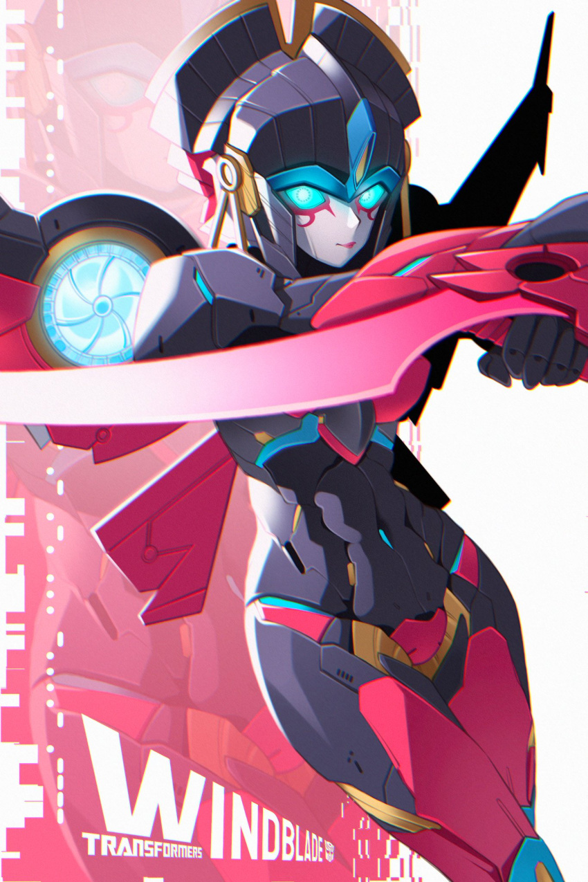 1girl blue_eyes breasts crotch_plate curvy energy_sword flame_toys flame_toys_windblade glowing glowing_eyes highres humanoid_robot image_sample mars_111111111 medium_breasts metal_skin red_lips robot solo sword thighs transformers twitter_sample weapon windblade wings