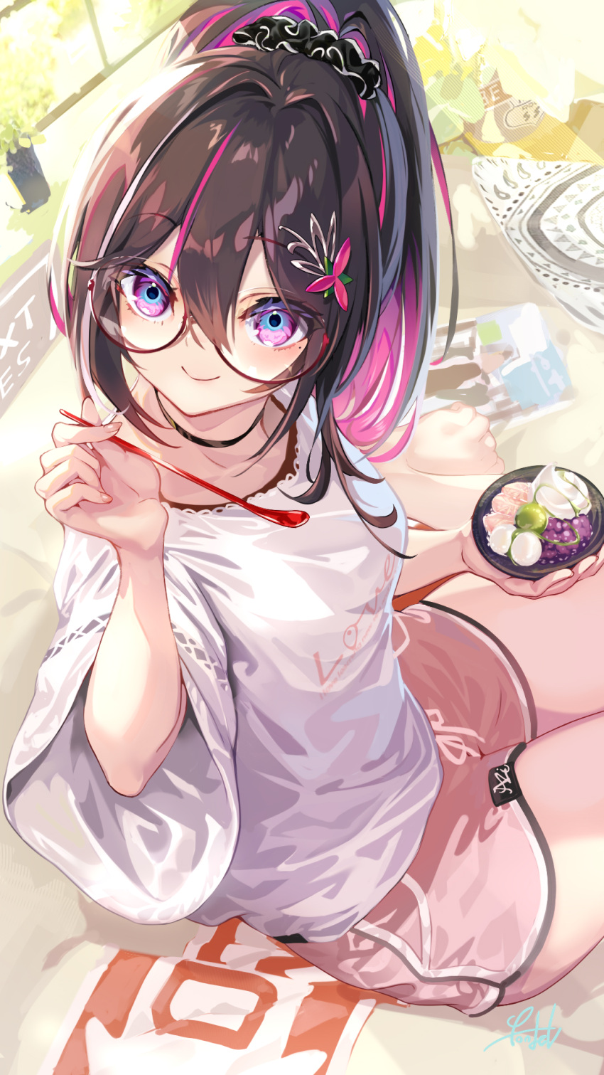 azki_(hololive) barefoot black_hair breasts dolphin_shorts flower glasses hair_flower hair_ornament highres holding hololive long_sleeves loungewear mole mole_under_eye multicolored_hair pink_hair pink_shorts pondel ponytail shirt shorts signature sitting smile violet_eyes white_hair white_shirt