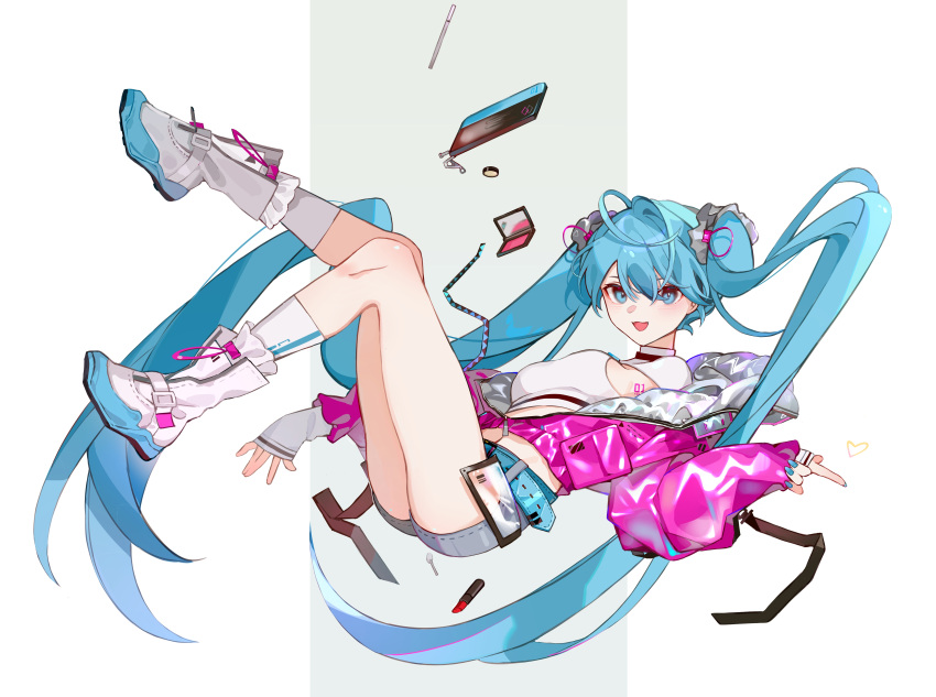 1girl absurdres ahoge belt blue_belt blue_eyes blue_hair blue_nails compact_(cosmetics) full_body grey_shorts hatsune_miku highres jacket long_hair miermere pink_jacket shorts smile socks solo twintails very_long_hair vocaloid white_footwear white_socks