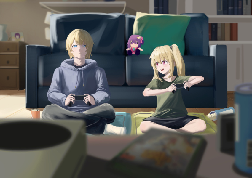 1boy 1girl :d absurdres black_pants black_shorts blonde_hair blue_eyes blue_hoodie blurry blurry_background blurry_foreground bookshelf brother_and_sister can character_doll chips_(food) closed_mouth commentary controller couch cushion depth_of_field food game_controller green_shirt hair_between_eyes highres holding holding_controller holding_game_controller hood hoodie hoshino_ai_(oshi_no_ko) hoshino_aquamarine hoshino_ruby indian_style indoors long_hair long_sleeves looking_at_another looking_at_viewer mismatched_pupils no_pupils one_side_up open_mouth oshi_no_ko pants picture_(object) pink_eyes potato_chips puffy_sleeves shirt short_hair short_sleeves shorts siblings sidelocks sitting smile star-shaped_pupils star_(symbol) sun_x symbol-only_commentary symbol-shaped_pupils t-shirt teeth twins upper_teeth_only