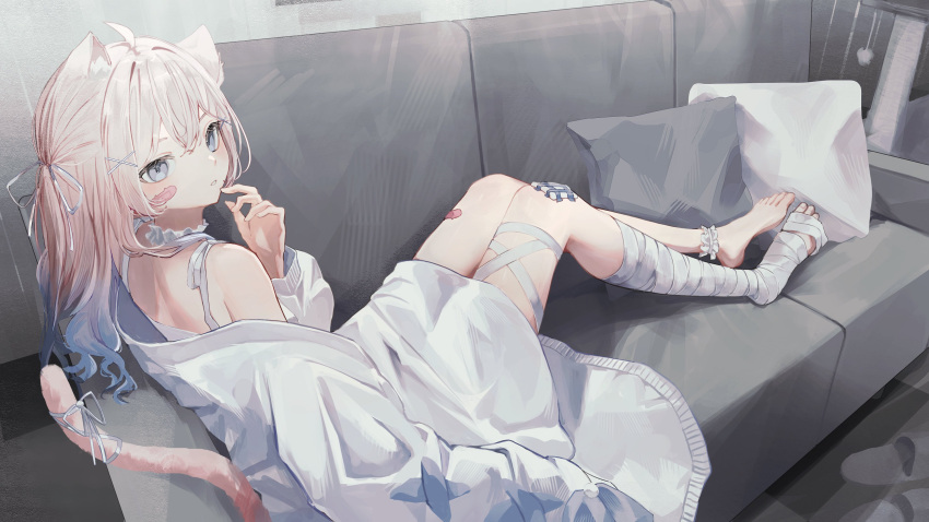1girl absurdres animal_ears bandaged_leg bandages bandaid bandaid_on_cheek bandaid_on_face barefoot blue_eyes cardigan cat_ears cat_girl cat_tail commission couch dress highres indie_virtual_youtuber long_hair long_sleeves looking_at_viewer lying mashirone_mimiy on_back on_couch open_cardigan open_clothes oversized_clothes pillow second-party_source shou_(mori_boro) single_ankle_cuff skeb_commission sundress tail virtual_youtuber white_cardigan white_dress white_hair
