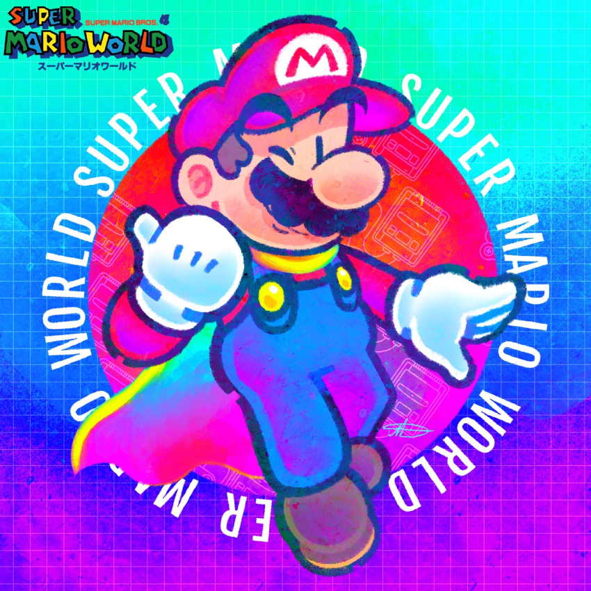 1boy black_eyes blue_overalls brown_footwear buttons cabbie_hat cape chin closed_mouth copyright_name english_commentary facial_hair famicom full_body game_console gloves grid_background hat highres jradical2014 letter long_sleeves mario mustache nintendo one_eye_closed overalls pointing pointing_to_the_side power-up rainbow_background red_circle red_headwear red_shirt shirt shoes smile solid_oval_eyes super_mario_bros. super_mario_world thick_eyebrows thumb white_gloves yellow_cape