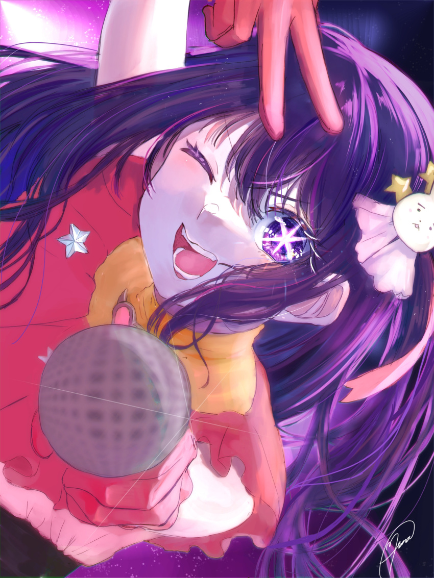 107_tona 1girl ;d belt black_belt blurry blush brooch commentary_request depth_of_field dress dutch_angle frilled_dress frills gloves hair_between_eyes hair_ornament hair_ribbon heart heart_brooch highres holding holding_microphone hoshino_ai_(oshi_no_ko) idol idol_clothes jewelry long_hair microphone one_eye_closed one_side_up open_mouth oshi_no_ko pink_dress pink_gloves pink_ribbon purple_hair rabbit_hair_ornament ribbon shadow sidelocks signature smile solo star-shaped_pupils star_(symbol) star_hair_ornament symbol-shaped_pupils teeth turtleneck_dress upper_body v violet_eyes