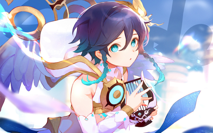 1boy black_hair blue_eyes blue_hair braid crop_top feathered_wings flower genshin_impact gold_trim gradient_hair hair_flower hair_ornament highres holding holding_instrument instrument looking_at_viewer lyre male_focus miermere multicolored_hair official_alternate_costume short_hair_with_long_locks solo twin_braids venti_(archon)_(genshin_impact) venti_(genshin_impact) white_flower white_wings wings