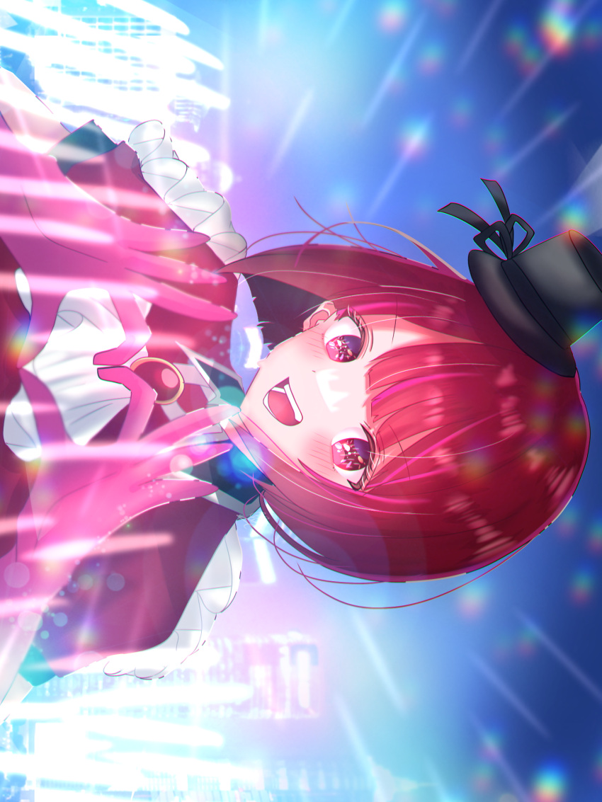 1girl :d arima_kana ascot blush bob_cut chromatic_aberration collared_shirt commentary_request frilled_sleeves frills gloves heart heart_hands highres idol idol_clothes inverted_bob lens_flare looking_at_viewer medium_hair one_eye_closed open_mouth oshi_no_ko pink_gloves puffy_short_sleeves puffy_sleeves red_brooch red_eyes red_shirt redhead ru_zeyukkuri shirt short_sleeves sideways smile solo stage_lights teeth upper_body white_ascot