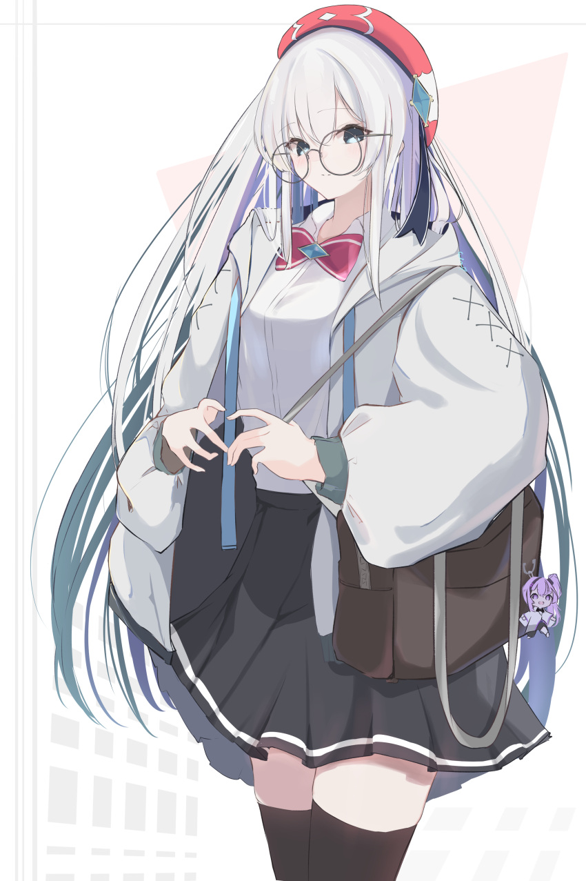 1girl absurdres arcaea bag bag_charm black_skirt black_thighhighs bow bowtie charm_(object) collared_shirt cowboy_shot culumi_0416 glasses grey_eyes highres hikari_(arcaea) hood hood_down hooded_jacket jacket long_hair open_clothes open_jacket parted_lips red_bow red_bowtie red_headwear round_eyewear shirt skirt solo thigh-highs very_long_hair white_hair white_jacket white_shirt
