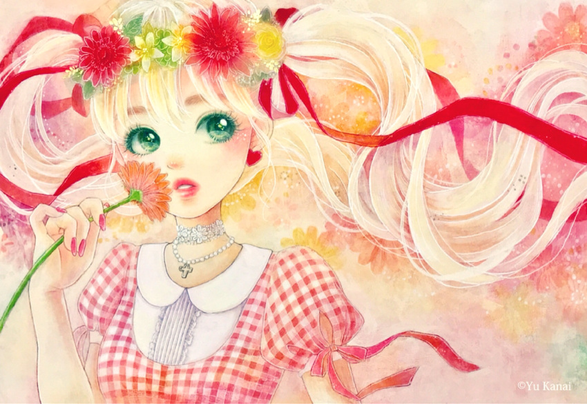 1girl blonde_hair cross cross_necklace earrings floating_hair flower green_eyes hair_ribbon hand_up heart heart_earrings highres holding holding_flower jewelry leaf necklace orange_flower original parted_lips puffy_short_sleeves puffy_sleeves red_flower red_nails red_ribbon ribbon short_sleeves solo twintails u_pandaruma upper_body white_flower yellow_flower