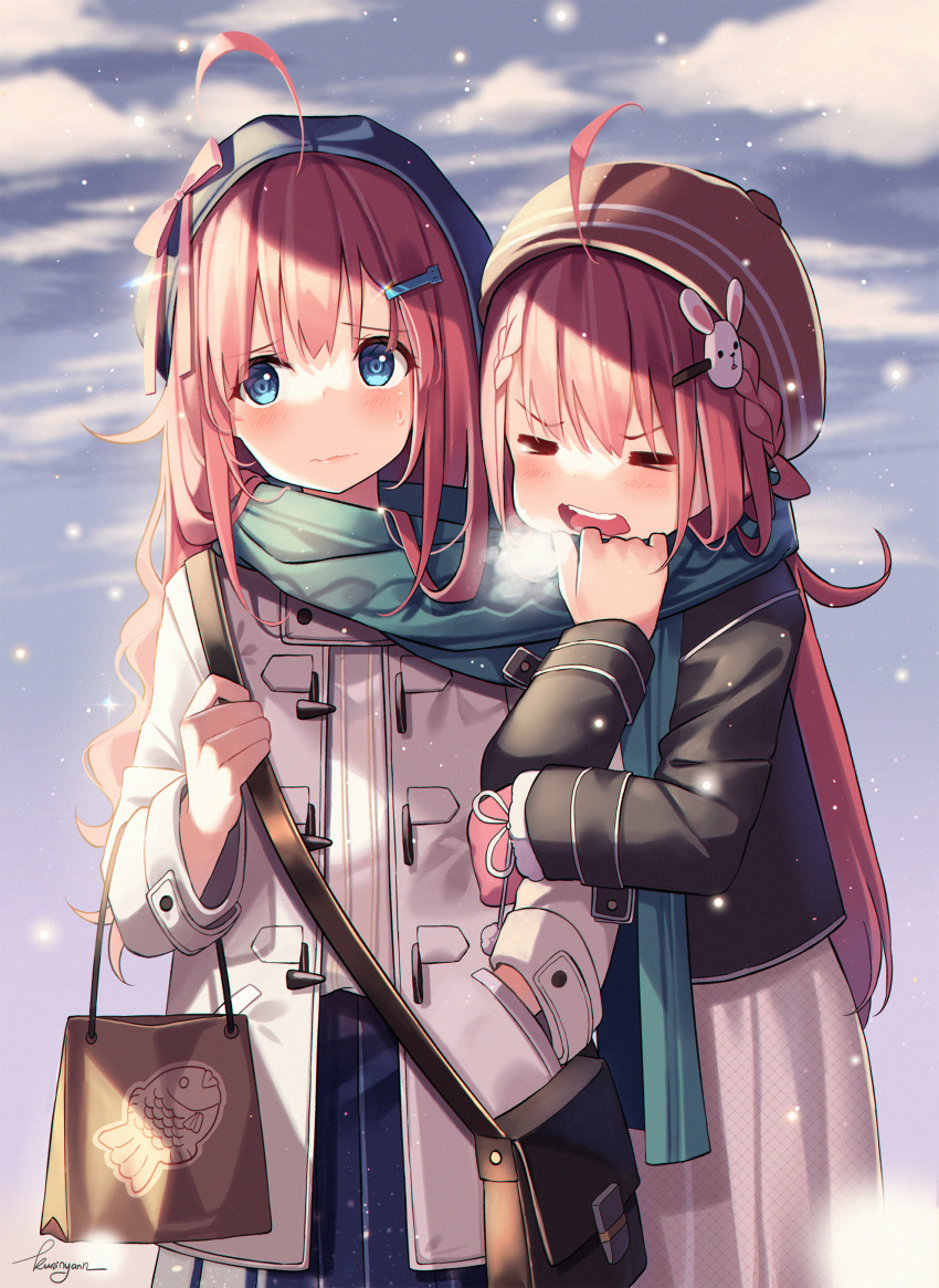 2girls absurdres bag black_coat blue_eyes blue_scarf blush brown_hair christmas closed_eyes coat cold highres holding holding_another's_arm kuri_(animejpholic) long_hair multiple_girls original scarf snowflakes white_coat