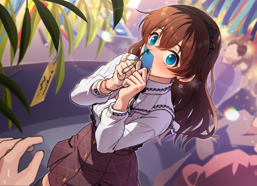1boy 1girl black_thighhighs blue_eyes blush bow_hairband bracelet brown_hair brown_skirt dutch_angle hairband highres holding holding_paper idolmaster idolmaster_million_live! jewelry kamille_(vcx68) looking_at_viewer nose_blush omikuji outdoors paper people pov pov_hands satake_minako shirt skirt solo_focus thigh-highs white_shirt