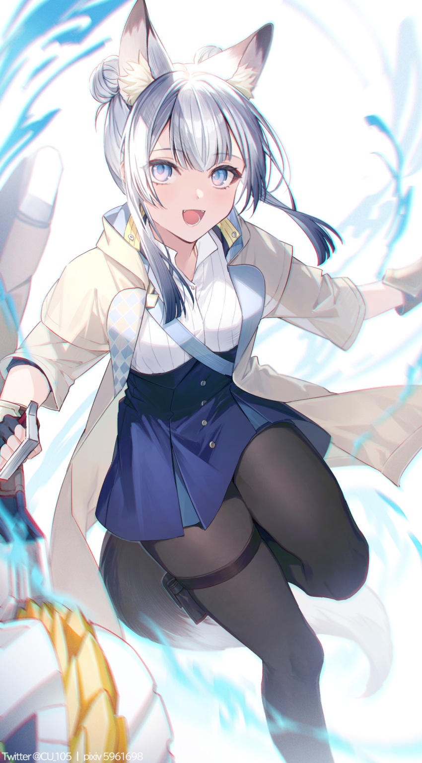 1girl :d animal_ear_fluff animal_ears black_pantyhose blue_eyes blue_protocol blue_skirt brown_jacket character_request collared_shirt commentary_request coyucom double_bun dress_shirt feet_out_of_frame grey_hair hair_bun high-waist_skirt highres holding jacket long_hair long_sleeves looking_at_viewer open_clothes open_jacket pantyhose pixiv_id shirt sidelocks skirt smile solo standing standing_on_one_leg tail twitter_username white_background white_shirt