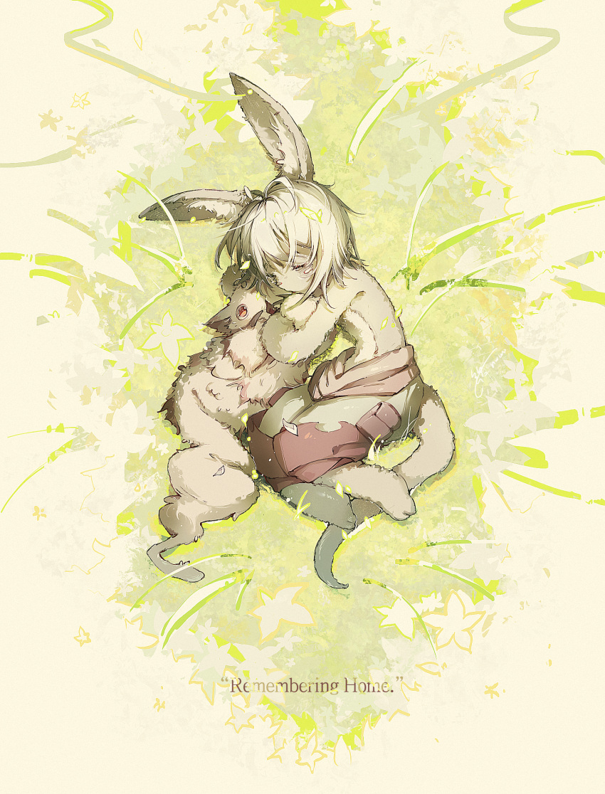1other androgynous animal_ears antenna_hair arm_hug baggy_pants blonde_hair body_fur brown_fur claws closed_eyes creature english_text from_above full_body furry_other grass highres lying made_in_abyss mitty_(made_in_abyss) nanachi_(made_in_abyss) on_grass on_side other_focus outdoors pants pouch rabbit_ears short_hair tail xinjinjumin4780310