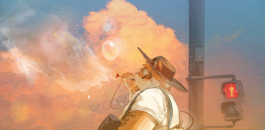 1boy bubble_blowing closed_eyes clouds furry furry_male hat highres non-web_source original solo suspenders tiger xinnainai