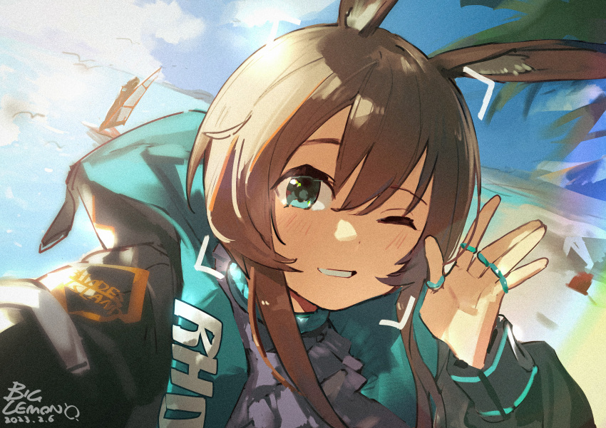 1girl absurdres amiya_(arknights) animal_ears arknights artist_name ascot beach black_jacket blue_eyes blush brown_hair commentary_request dated frilled_ascot frills grin hair_between_eyes highres hood hooded_jacket jacket jewelry linpiu long_hair looking_at_viewer multiple_rings neck_ring one_eye_closed open_clothes open_jacket outdoors rabbit_ears raised_eyebrow rhodes_island_logo ring selfie smile solo sunlight thumb_ring waving