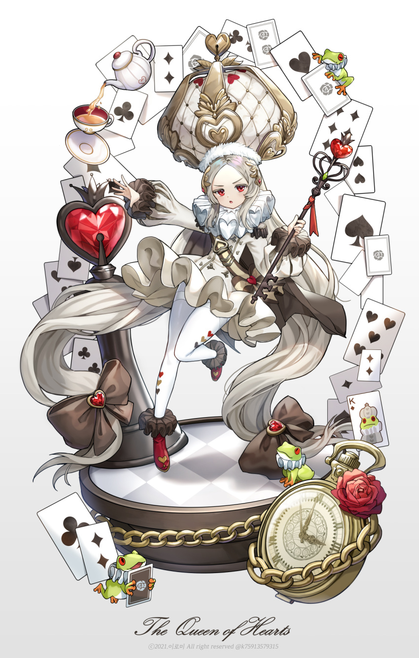 1girl albino alice_in_wonderland card clock crown cup frog highres holding holding_scepter lerome long_hair original outstretched_arms pantyhose playing_card queen_of_hearts_(alice_in_wonderland) red_eyes ribbon scepter signature solo_focus standing standing_on_one_leg tea teacup twintails very_long_hair white_hair