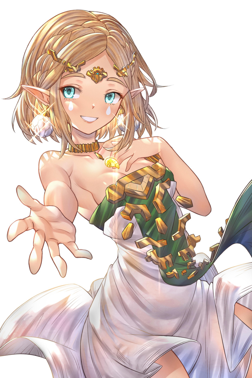 absurdres aqua_eyes bare_shoulders blonde_hair dress earrings highres honkivampy jewelry looking_at_viewer neckerchief pointy_ears princess_zelda reaching reaching_towards_viewer short_hair smile the_legend_of_zelda the_legend_of_zelda:_tears_of_the_kingdom two-tone_dress white_dress yellow_neckerchief