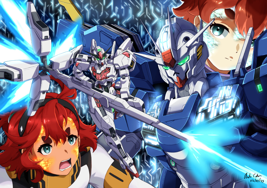 2girls absurdres aqua_eyes beam_cannon black_hairband dated energy_cannon english_commentary ericht_samaya exhaust facial_mark firing glowing green_eyes gundam gundam_aerial_rebuild gundam_calibarn gundam_suisei_no_majo hairband highres holding holding_cannon holding_weapon innovator123 light_particles mecha mobile_suit multiple_girls redhead robot siblings signature sisters suletta_mercury thick_eyebrows thrusters upper_body v-fin weapon