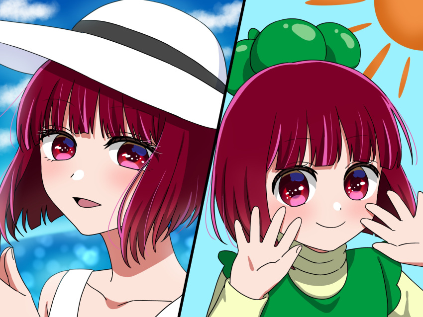 1girl age_progression annu7 arima_kana black_ribbon blue_background bob_cut closed_mouth clouds collarbone commentary dress floating_hair green_dress green_headwear hat hat_ribbon highres inverted_bob long_sleeves looking_at_viewer medium_hair open_mouth oshi_no_ko own_hands_together red_eyes redhead ribbon shadow sky smile strap sun_hat upper_body white_headwear