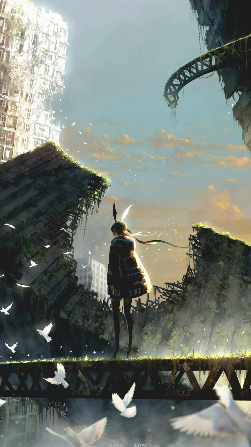1girl amiya_(arknights) animal_ears ankle_ring arknights artist_name bird black_coat black_pantyhose brown_hair building clouds coat commentary diyokama floating_hair flock highres infection_monitor_(arknights) long_hair long_sleeves looking_back moss outdoors pantyhose plant post-apocalypse rabbit_ears rabbit_girl ruins scenery sky solo standing sunlight thigh_ring wide_shot
