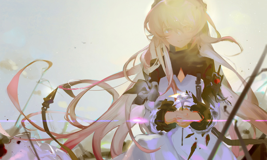 1girl absurdres arknights blonde_hair dress flower highres holding holding_flower long_hair long_sleeves miermere solo theresa_(arknights) very_long_hair white_dress yellow_eyes