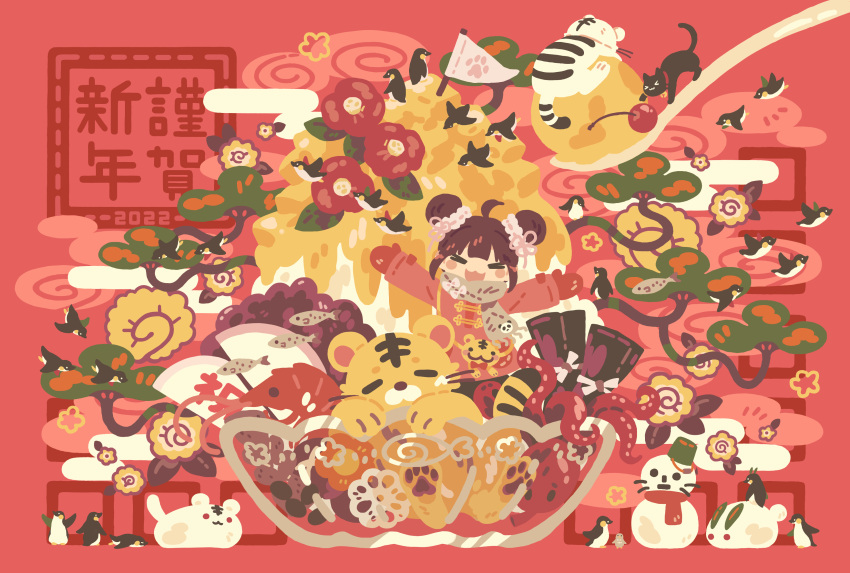 &gt;_&lt; 1girl 2022 :3 :d \o/ absurdres ahoge animal animal_print arms_up bear_print bird black_bird black_cat blush_stickers bow bowl brown_bird brown_hair brown_scarf bucket cat cherry chinese_clothes chinese_zodiac closed_eyes commentary_request double_bun egasumi facing_viewer fish flag flat_color flower flower_(symbol) flower_knot food fruit hair_bun hair_ribbon happy_new_year highres ice_cream in_bowl in_container kamaboko long_sleeves mittens new_year no_lineart nunusayu octopus open_mouth original outstretched_arms oversized_object panda_print paw_print penguin pink_bow pink_ribbon print_scarf red_background red_flower red_mittens red_scarf red_shirt ribbon scarf shirt shrimp smile snow_rabbit snowman solo spoon tiger tree year_of_the_tiger