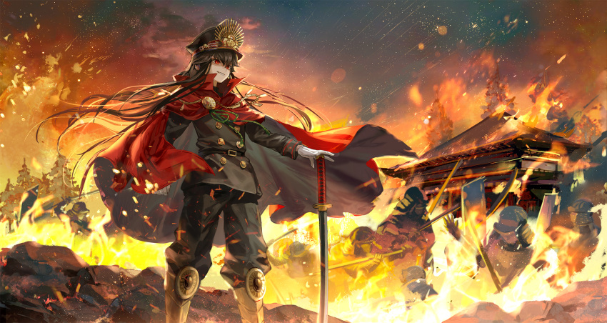 1girl achyue belt black_hair black_headwear black_jacket black_pants boots cape clouds cloudy_sky commentary_request fate/grand_order fate_(series) fire full_body gloves hair_between_eyes hat headwear_request highres jacket long_hair long_sleeves night night_sky oda_nobunaga_(fate) oda_uri outdoors pants planted planted_sword red_cape red_eyes shrine sky smile smoke solo_focus standing sword tree very_long_hair weapon white_gloves