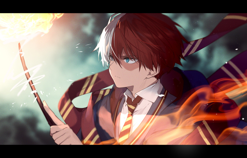 1boy aqua_eyes blurry blurry_background boku_no_hero_academia brown_eyes burn_scar closed_mouth collared_shirt commentary_request diagonal-striped_necktie fire gugugunogu heterochromia highres holding holding_wand letterboxed male_focus multicolored_hair redhead scar scar_on_face shirt short_hair solo todoroki_shouto two-tone_hair wand white_hair