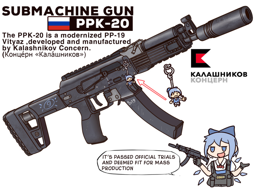 1girl :3 :d ammunition_pouch black_gloves blue_bow blue_eyes blue_hair bow bowtie bulletproof_vest character_doll charm_(object) chibi cirno closed_mouth commentary company_name cropped_torso cyrillic english_commentary english_text folding_stock gloves gun hair_bow highres holding holding_gun holding_weapon jitome light_blue_hair load_bearing_vest logo open_mouth potatoez pouch pp-19-01 puffy_short_sleeves puffy_sleeves red_bow red_bowtie russian_flag russian_text scratches shards shirt short_hair short_sleeves sidelocks simple_background skirt skirt_set smile solo speech_bubble submachine_gun suppressor talking touhou upper_body weapon weapon_focus weapon_name white_background white_shirt