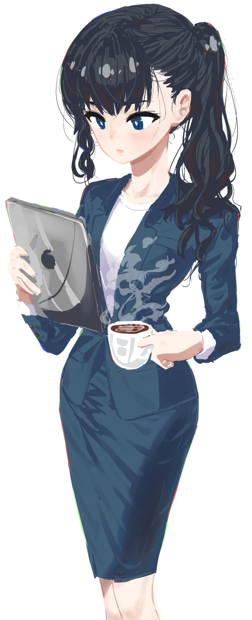 1girl absurdres black_hair blue_eyes cup highres long_hair office_lady original pencil_skirt ponytail simple_background skirt solo steam suit table white_background ymmmpixiv