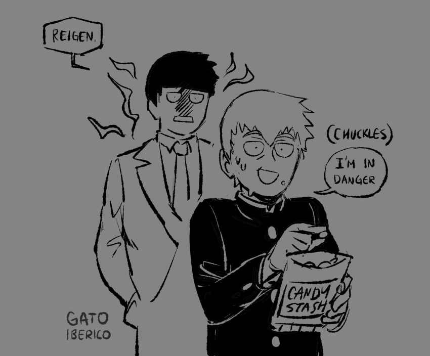 2boys age_switch aged_down aged_up artist_name candy commentary english_commentary english_text food gakuran gatoiberico grey_background greyscale hand_in_pocket highres holding holding_food kageyama_shigeo long_sleeves looking_at_another male_focus mob_psycho_100 monochrome multiple_boys necktie nervous_smile nervous_sweating open_mouth reigen_arataka school_uniform short_hair simple_background smile speech_bubble suit sweat