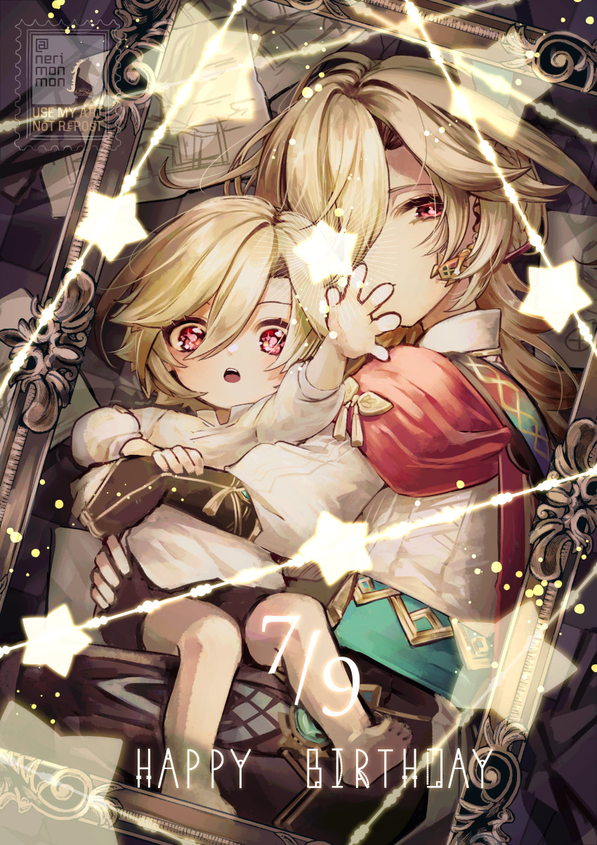 2boys absurdres aged_down arabian_clothes blonde_hair brown_pants brown_shorts dated dual_persona earrings genshin_impact hair_over_one_eye happy_birthday highres jewelry kaveh_(genshin_impact) long_sleeves looking_at_viewer male_child multiple_boys nerimono_(nekokoban22) pants picture_frame red_eyes shirt shorts star_(symbol) vision_(genshin_impact) white_shirt