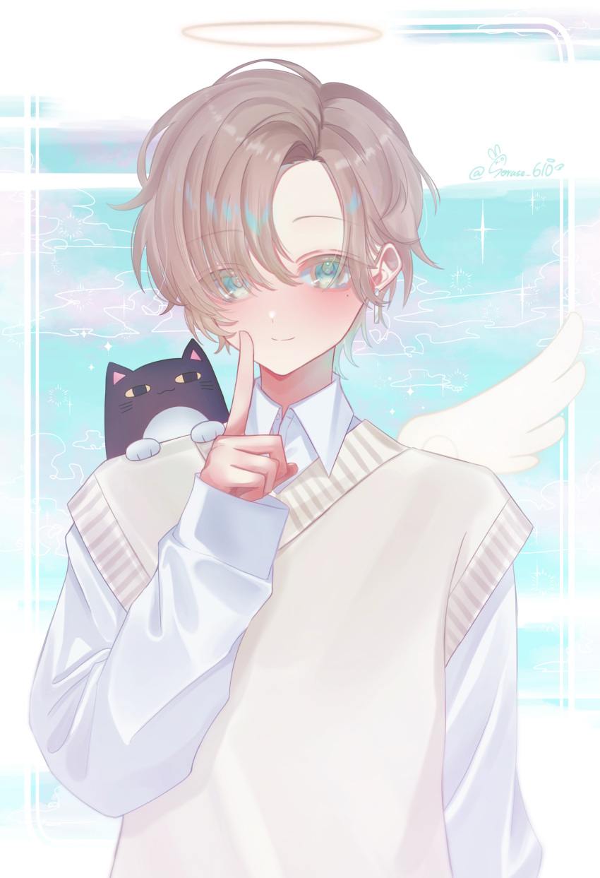 1boy absurdres androgynous angel angel_wings animal_on_shoulder blush closed_mouth collared_shirt feathered_wings finger_to_mouth green_eyes halo highres kanae_(nijisanji) light_brown_hair long_sleeves looking_at_viewer male_focus mole mole_under_eye nijisanji otoko_no_ko roto_(kanae) shirt shushing smile solo sorase_610 sweater_vest virtual_youtuber white_shirt white_wings wings yellow_sweater_vest