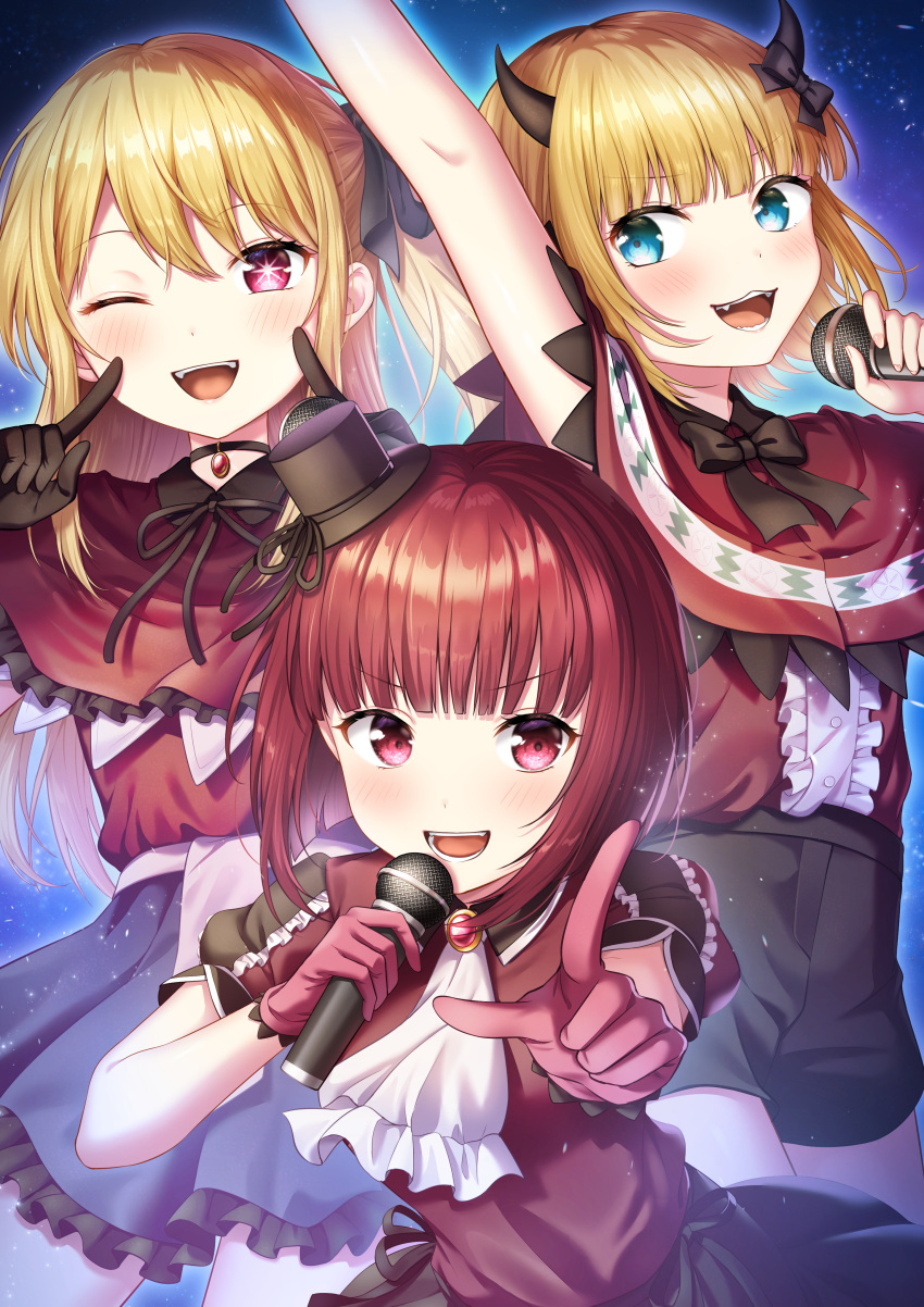 3girls ;d absurdres arima_kana arm_up black_bow black_gloves black_headwear black_shorts black_skirt blonde_hair blue_eyes blue_skirt blush bow capelet center_frills commentary_request frilled_skirt frills gloves hair_between_eyes hands_up hat highres holding holding_microphone horns hoshino_ruby long_hair memcho microphone mini_hat multiple_girls one_eye_closed oshi_no_ko outstretched_arm pleated_skirt pointing pointing_at_viewer puffy_short_sleeves puffy_sleeves red_capelet red_eyes red_gloves red_shirt redhead shirt short_shorts short_sleeves shorts skirt smile symbol-shaped_pupils tilted_headwear very_long_hair yuusa
