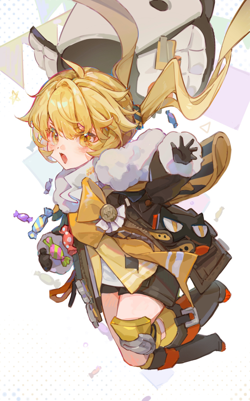 1girl absurdres black_gloves black_shorts blonde_hair blush brown_coat candy coat food fur-trimmed_coat fur_trim gloves highres honkai:_star_rail honkai_(series) hook_(honkai:_star_rail) long_hair miermere open_mouth shorts solo twintails yellow_eyes