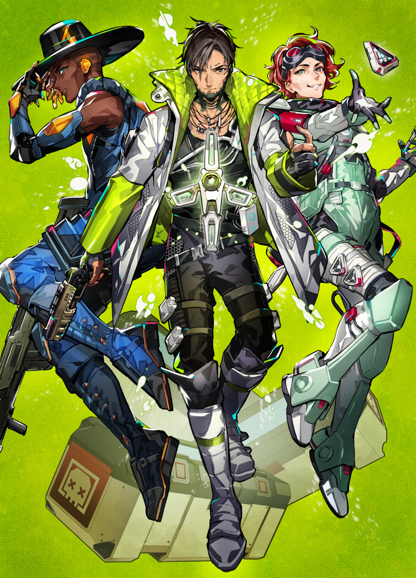1girl 2boys animification apex_legends black_footwear black_gloves black_hair black_headwear blonde_hair blue_eyes blue_jacket boots box crypto_(apex_legends) d-101_longbow death_box_(apex_legends) dreadlocks floating gloves goggles goggles_on_head green_background green_vest grey_footwear gun hack_(apex_legends) handgun highres holding holding_gun holding_weapon horizon_(apex_legends) jacket looking_at_viewer mika_pikazo multiple_boys non-humanoid_robot orange_hair partially_fingerless_gloves rifle robot sa-3_mozambique seer_(apex_legends) sleeveless sleeveless_jacket sniper_rifle spacesuit v-shaped_eyebrows vest weapon white_jacket