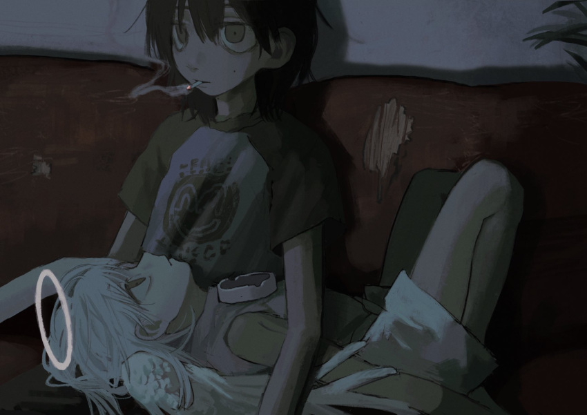2others angel ashtray brown_eyes cigarette couch empty_eyes end80236189 halo highres lap_pillow medium_hair multiple_others on_couch original shirt short_sleeves sitting smoking t-shirt white_hair white_wings wings