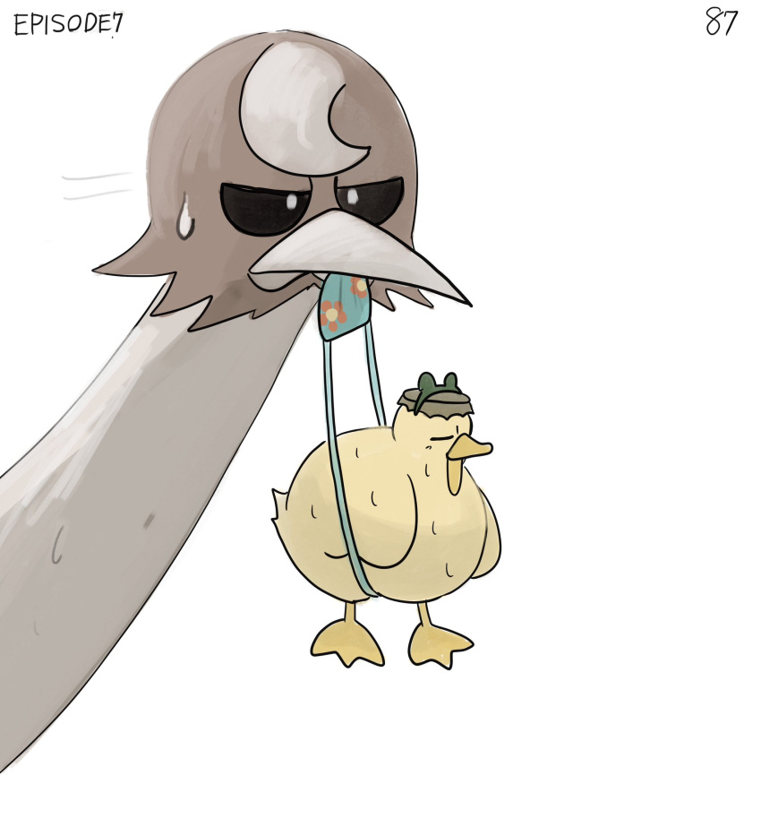 bag beak_hold bird bottle_cap diva_(hyxpk) duck duckling highres mouth_hold nervous_sweating numbered original ostrich simple_background sweat white_background
