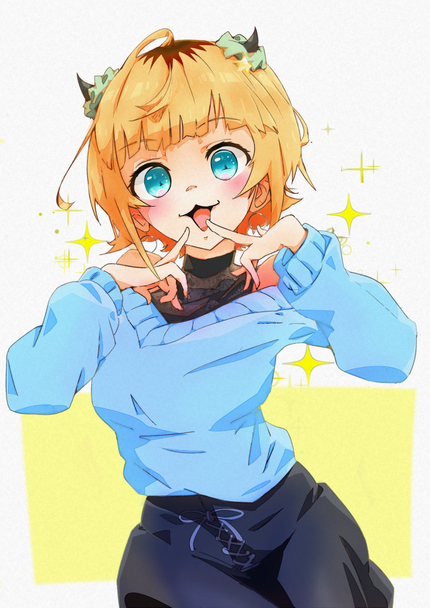 1girl :3 black_skirt blonde_hair blue_eyes blue_sweater blunt_bangs blush commentary cowboy_shot demon_horns earrings fake_horns head_tilt highres horns jewelry kano_shichi7 long_sleeves looking_at_viewer memcho no_pupils off-shoulder_sweater off_shoulder open_mouth oshi_no_ko pointing pointing_at_self puffy_sleeves shadow short_hair sidelocks skirt smile solo sparkle sweater white_background